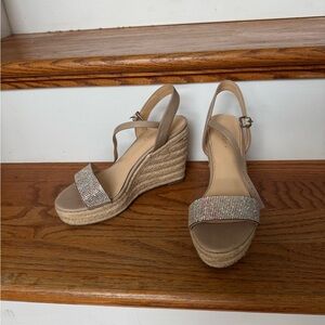 Beige Espadrille Wedge Sandals with Rhinestone Strap